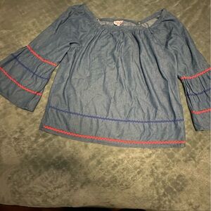 Hester & Orchard Size Large Blue Chambray Denim Shirt Tunic Blue Red Rick Rack